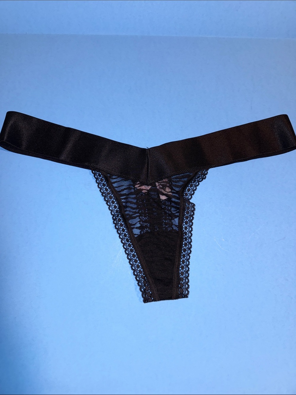 Victoria's Secret Black Lace Thong with Satin Waistband and Bow